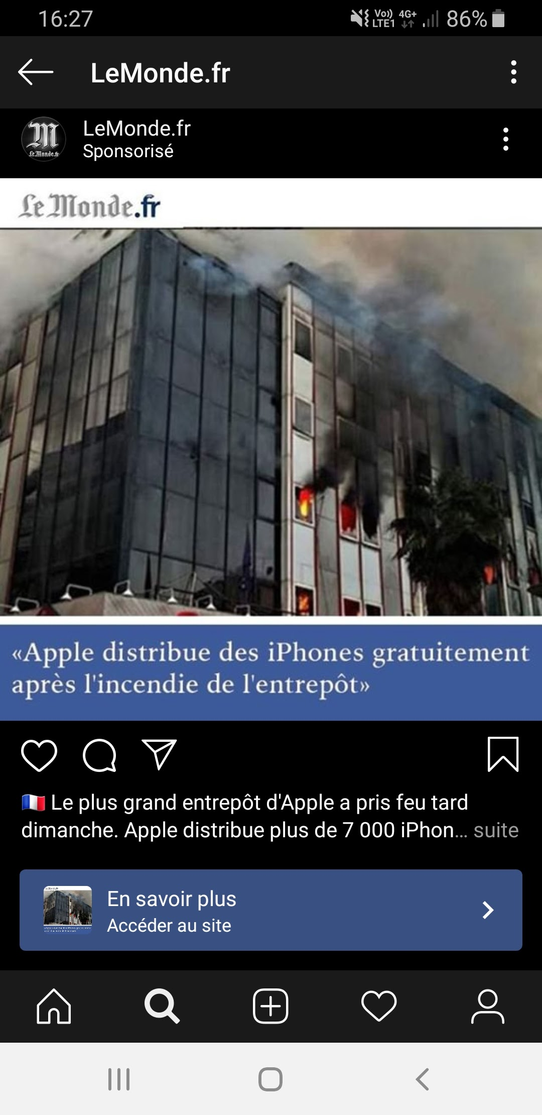 Capture d'écran Instagram du 18 octobre 2019 utilisant le nom LeMonde.fr pour cette arnaque