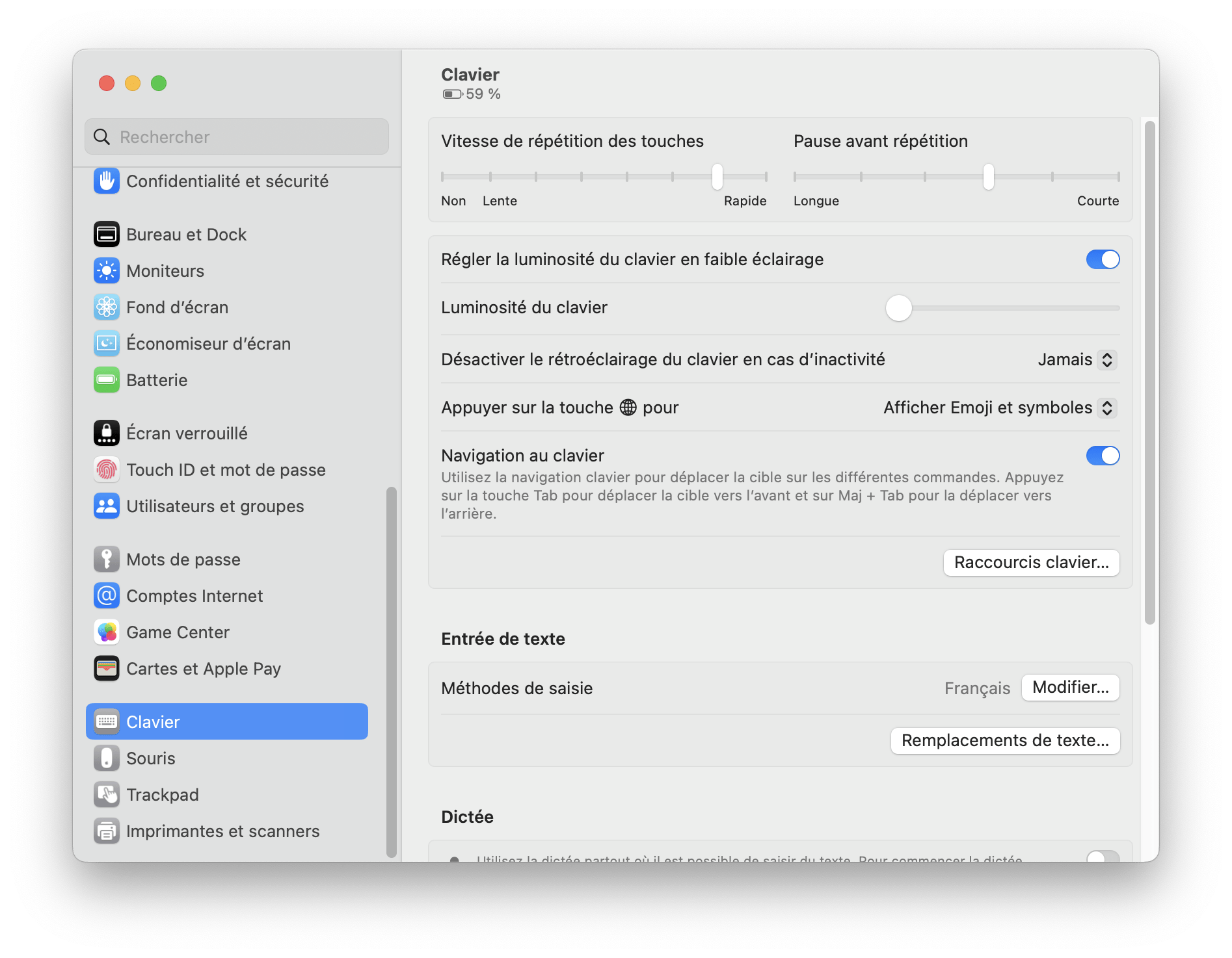 Capture d'écran des réglages du clavier sous macOS 11+